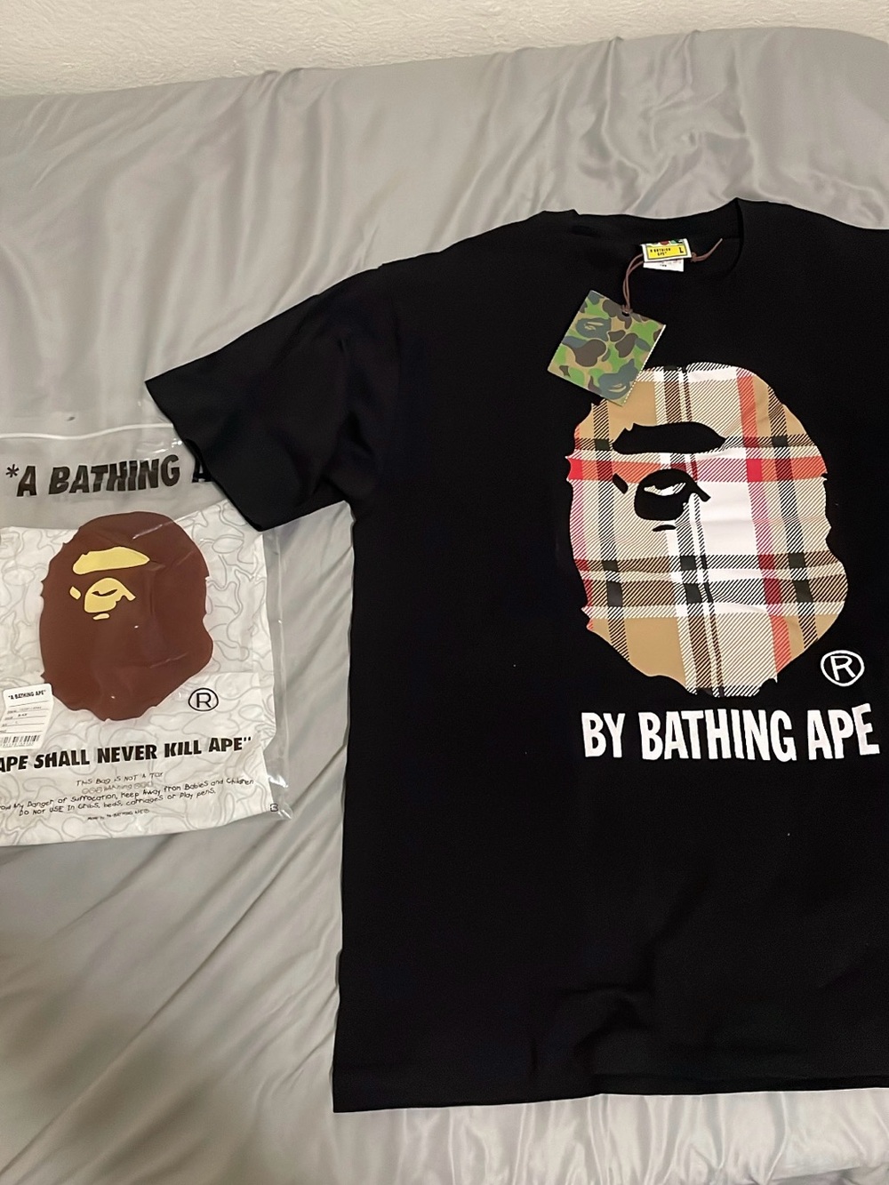 BAPE Men’s Black Plaid Ape Head Graphic T-Shirt